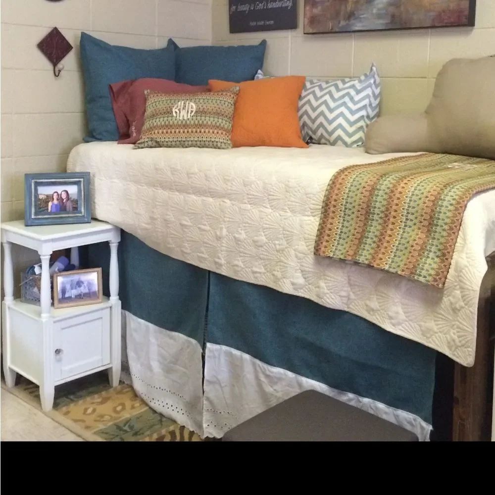 Teal and White Bed Skirt for lofted dorm bed.